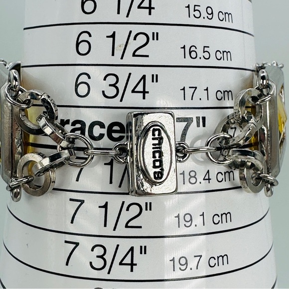 Chico’s Yellow Glass Stone Silver Tone Link Bracelet 7” Statement Jewelry - Picture 4 of 8